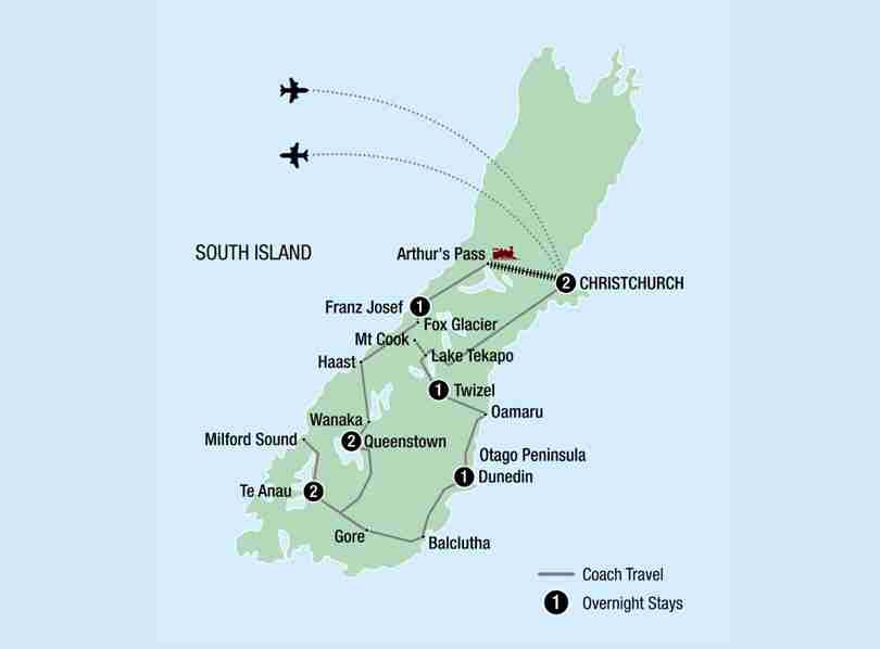 Escorted New Zealand South Island Tour Map